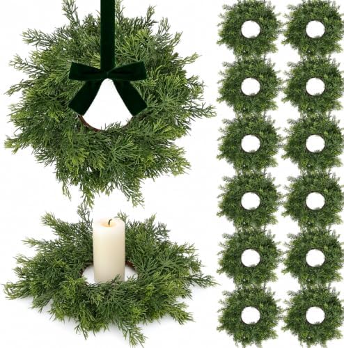 12 PCS Christmas Candle Rings Wreath Artificial Green Norfolk Cedar Mini Candle Ring Holder Small Wreaths for Xmas Cabinets Kitchen Windows Home Wedding Table Centerpiece Door Window Chair Wall by Unknown