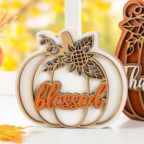 Glitzhome Thanksgiving Wooden Pumpkin Decor Set of 2 (6" & 8" H) - Blessed & Thankful Farmhouse Table Sign Decor, Fall Pumpkin Blocks for Holiday Home Decor Accents Centerpiece - Image 6