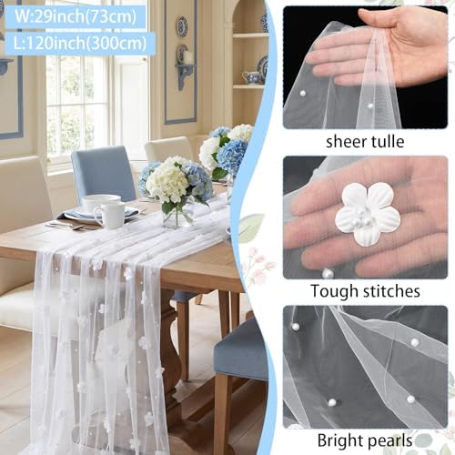6 Pcs 29x120'' Pearl Tulle Table Runner 10ft Wedding Tablecloth, White - Image 4
