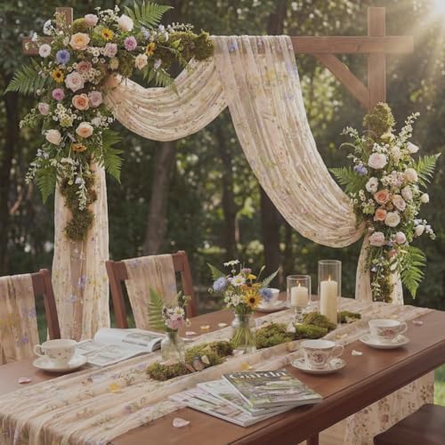 Champagne Floral Table Runner 10ft Embroidery Tulle Spring Wildflower Gauze Table Runner Seasonal Summer Butterfly Kitchen Dining Decoration for Wedding Baby Shower Birthday Party (6 Pcs) - Image 5