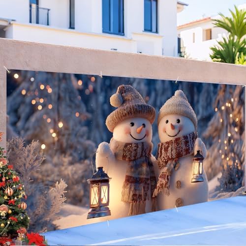 ANNA QUEEN Winter Garage Door Banner 6×13 FT, Smiling Snowman Couple with Lanterns, Cute Winter Outdoor Garage Decoration for Parties Home Decor - Image 5