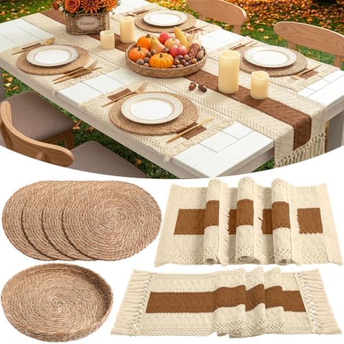 Boho Table Runner and Placemats Set, 4 Sets, Caramel Color, 12x72 by Gandeer
