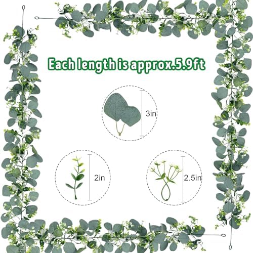 Waipfaru 4Pcs Eucalyptus Garland, 5.9FT Greenery Garland, Green Garland with Flowers, Artificial Faux Silver Dollar Eucalyptus Leaves Vines for Table Home Wedding Mantle Party Indoor Outdoor Decor - Image 4