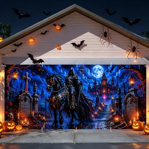 Gothic Grim Reaper Garage Door Banner 7x16ft, Dark Halloween Vampire Castle Outdoor, Ghost Rider Horse Graveyard Backdrop Large Double Garage Door Tapestry Mural for House Front Holiday Decor - Image 3