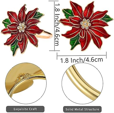 Christmas Napkin Rings Set of 6 Poinsettia Napkin Rings Christmas Napkin Holder for Cloth Napkins - Image 5