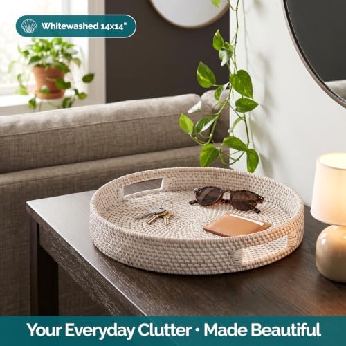 Jungle Culture Round Rattan Tray 14" • Whitewash Wicker Woven Basket Decor - Image 3