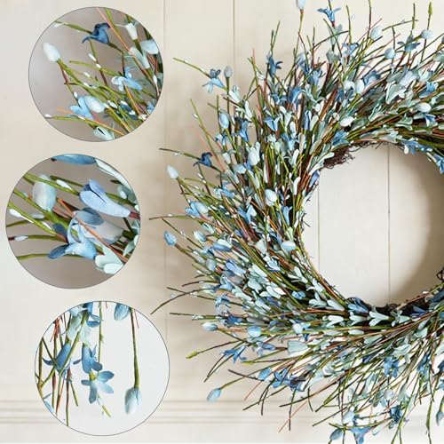 20inch Artificial Forsythia Flower Wreath, All Year Around Wreath for Front Door, Wedding Window Home Wall Indoor Front Door Decor (Blue, 20in) - Image 3