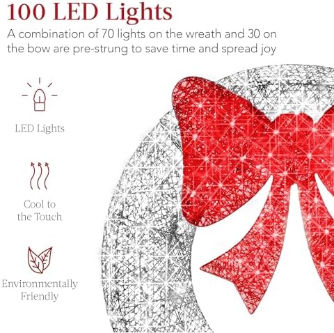 Best Choice Products 30in Pre-Lit Outdoor Christmas Wreath Decoration, LED Metal Holiday Decor for Home w/ 100 Lights, Bow - Silver/Red - Image 3