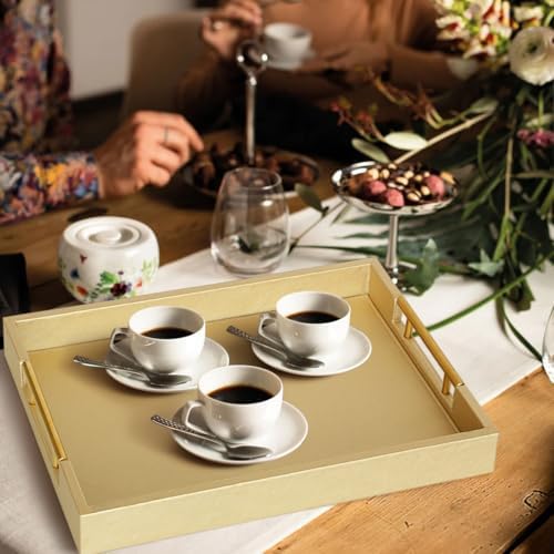 HofferRuffer Faux Leather Serving Tray with Gold Metal Handles, Stylish Decorative Tray Organizer for Coffee Table, Ottoman, Home Decor and Serving (Gold, 16.2" x 12.2" x 2") - Image 4