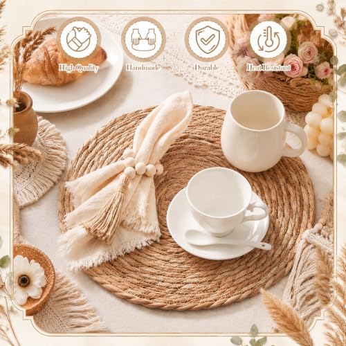 Fanfanwin Set of 6 Boho Woven Placemats with Khaki Napkins, 13 in - Image 3