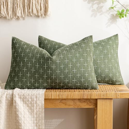 MIULEE Pack of 2 Decorative Vintage Burlap Linen Spring Throw Pillow Covers Modern Farmhouse Pillowcase Rustic Woven Textured Cushion Cover for Sofa Couch Bed 12x20 Inch Olive Green by MIULEE
