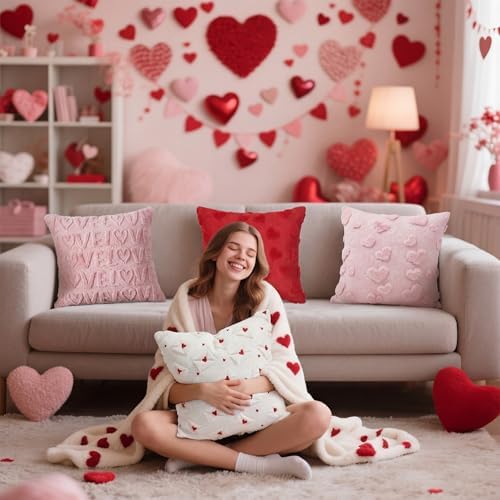 Tiamon 4 Pcs Valentines Throw Pillow Covers 18 x 18 Inch 3D Embroidered Plush Pink Red Hearts Pillow Cases Valentine's Day Love Fluffy Faux Fur Cushion Covers for Sofa Couch Wedding Anniversary Party - Image 6