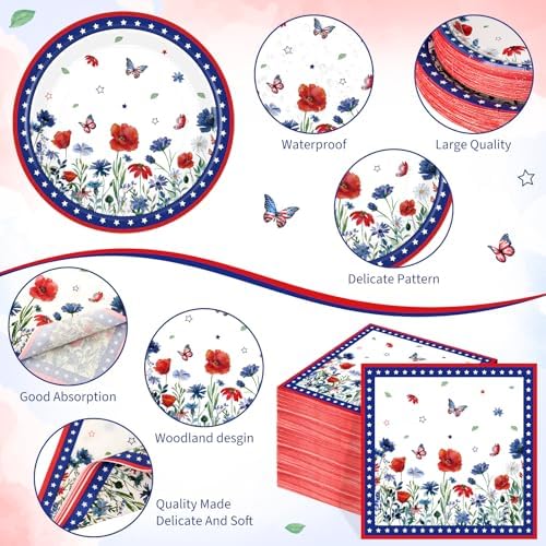 Funnymoom 218 Pcs Patriotic Floral Party Decorations Paper Plates Serve 24 - Image 2