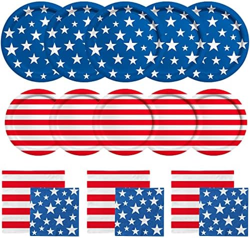 American Flag Patriotic Party Supplies Disposable dinner paper plates dessert paper plates Napkins and Cocktail napkins for Veterans Day Election Day 4th of July Independence Day Decorations, Serve 50 by Gatherfun