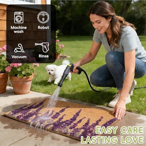 2 PCS Lavender Floral Welcome Door Mat Set, 17"x30" Coir Doormat with Non-Slip Backing & Green White Striped Mat, Farmhouse Spring Doormat for Front Porch, Patio, Entryway Spring Home Decor - Image 5