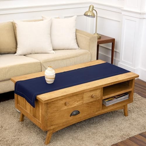 Solino Home 100% Pure Linen Table Runner Navy, Classic Hemstitch 14 x 60 in by SolinoHome