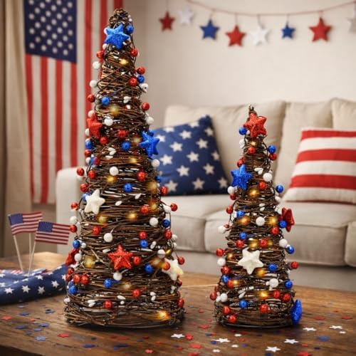 4th of July Decorations Lighted Tabletop Rattan Tree, Memorial Day Decor - Image 3