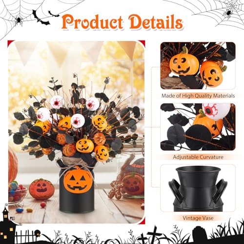 Halloween Table Deocr with 5 Pcs Artificial Pumpkin Eyeballs Eucalyptus Stems Black Iron Vase String Light and Wood Sign Halloween Centerpieces for Indoor Home Party Vase Arrangement Decorations - Image 3