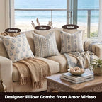Amor Virisso Floral Throw Pillow Covers 24x24 Set of 2 Block Print Pillow Covers Neutral Floral Striped Farmhouse Decorative Pillow Covers for Sofa Couch Bed, Light Blue - Image 5
