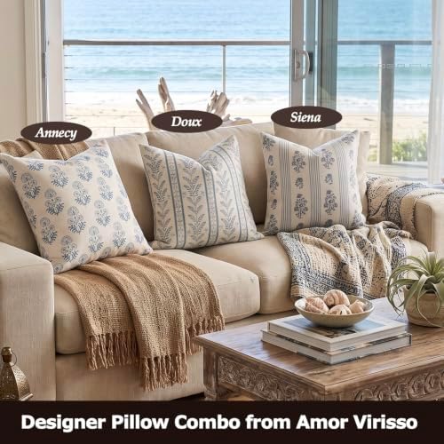 Amor Virisso Floral Throw Pillow Covers 22x22 Set of 2 Block Print Pillow Covers Neutral Floral Striped Farmhouse Decorative Pillow Covers for Sofa Couch Bed, Light Blue - Image 5