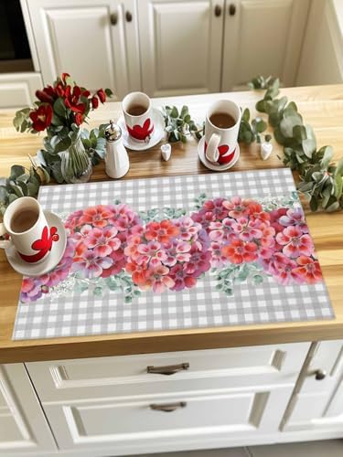 Red Flower Placemats Set of 4, Spring Rustic Floral Eucalyptus Leaves Gray Plaid Placemats for Dining Table Place Mats for Kitchen Table Waterproof Table Mats, Wipeable Dining Table Set - Image 4