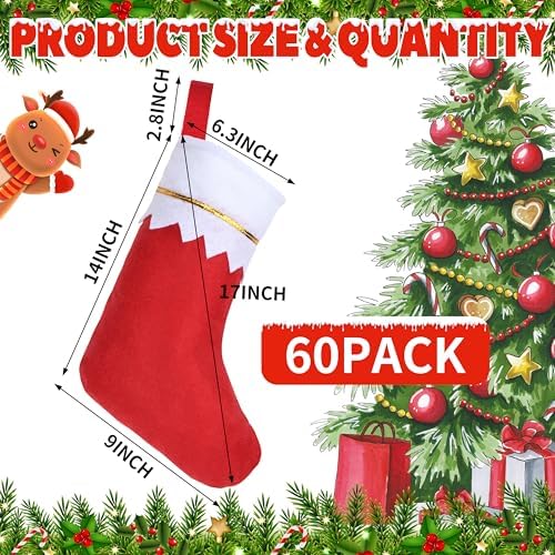 60Pcs 17" Felt Christmas Stocking Bulk, Red Christmas Socks Bulk with White Cuff Golden Trim, Christmas Hanging Ornaments Xmas Decoration for Mantel Door Window Holiday Home Décor - Image 2