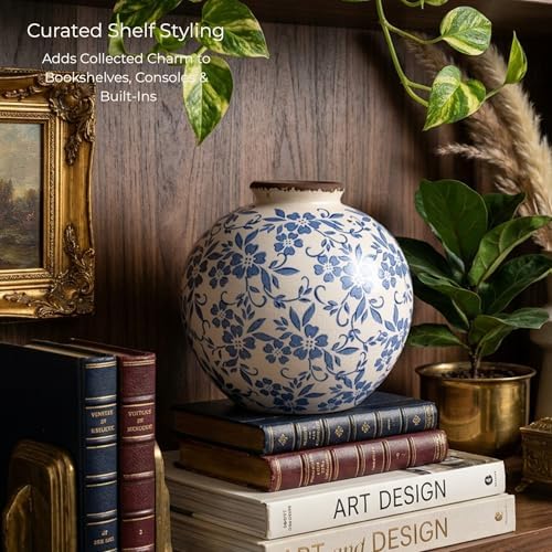 Blue and White Ceramic Vase 8”, Vintage Decorative Pottery Floral Vase for Hydrangeas, Crackle Glaze Chinoiserie Vase for French Country Rustic Farmhouse Coffee Table & Mantel Decor - Image 5