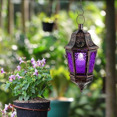 NEEDOMO Halloween Decorative Indoor Hanging Moroccan Lantern, 13.5'' Vintage Metal Candle Holder with 14.8" Chain, Ramadan Lanterns Decorative Indoor Outdoor for Home, Table, Patio, Porch (Purple) - Image 5