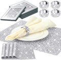 Dandat 12 Pcs Silver Rhinestone Placemat Napkin Ring Coaster Set, Square by Dandat