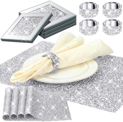 Dandat 12 Pcs Silver Rhinestone Placemat Napkin Ring Coaster Set, Square by Dandat