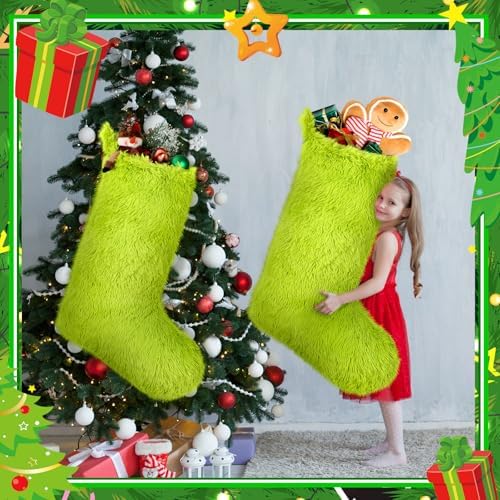 Fourluoo 2 Pcs 41 Inch Jumbo Christmas Stocking Personalized Green Christmas Stockings Large Hanging Faux Fur Treat Bag Candy Pouch Xmas Giant Gift Holder for Xmas Tree Decor - Image 3