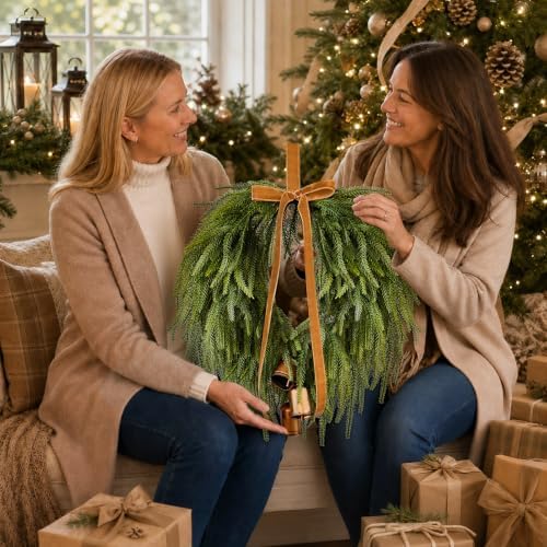 24" Christmas Wreaths Front Door Norfolk Pine Wreath with Bow Bells - Image 7