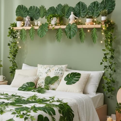 XunYee 110 Pcs Total 295 ft Jungle Theme Party Decoration, Tropical and Monstera Palm Leaves, Fake Wicker Rattan Vines, Fake Greenery Faux Leaves for Baby Shower Safari Party Decoration Set - Image 6