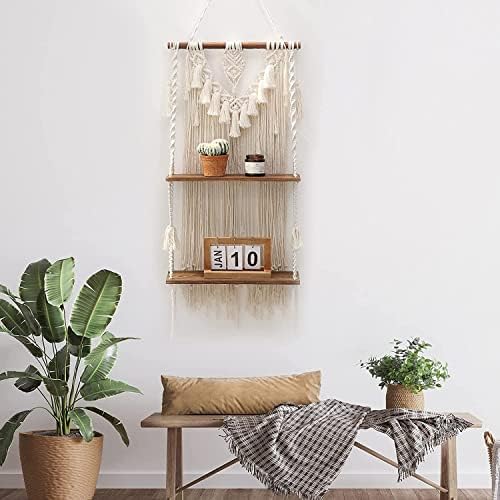2-Tier Macrame Wall Hanging Shelf & Boho Decor, Wooden Floating Shelves - Image 6