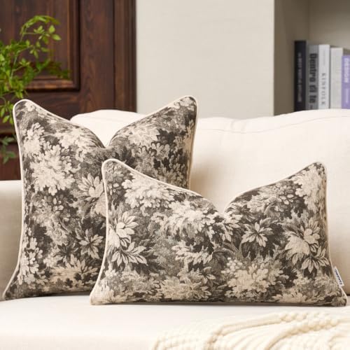 FANAMI Vintage Floral Throw Pillow Covers 18x18 Set of 2 Boho Farmhouse Accent Pillowcase Neutral Modern Chenille Square Decorative Cushion Covers for Couch Sofa Bed Living Room Home Decor, Grey - Image 4