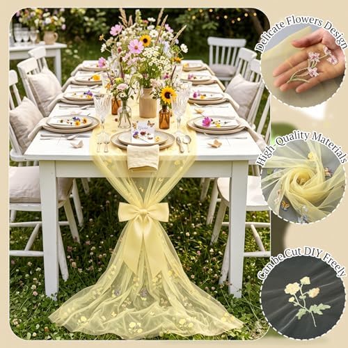Lounsweer 3 Pcs Yellow Wildflower Table Runner 10ft Embroidery Tulle - Image 7