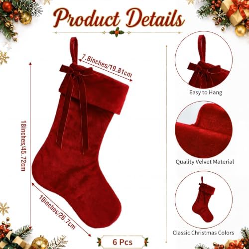 Leumoi 6 Pcs 18 Inch Farmhouse Velvet Christmas Stockings, Large Fashion Burgundy Christmas Fireplace Stockings with Bow Country Rustic Velvet Hanging Decorations for Family Mantel Party Favors - Image 3