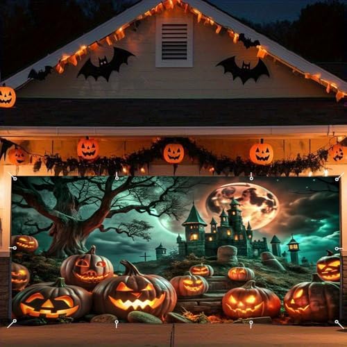 Halloween Garage Door Cover 7x16ft Ancient Tree Spooky Graveyard Glowing Pumpkin Halloween Garage Door Decorations for 2 Car Haunted Castle Hallows' Banner for Party Decoration Background - Image 5