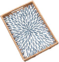 Rectangle Rattan Tray with Mother of Pearl Inlay, Rattan Serving Tray with Handle for Coffee, Bread, Fruits, Snacks, Decorative Wicker Tray for Table Decor (Rectangle Light Blue Leaf, 13"×9") by Tynulox