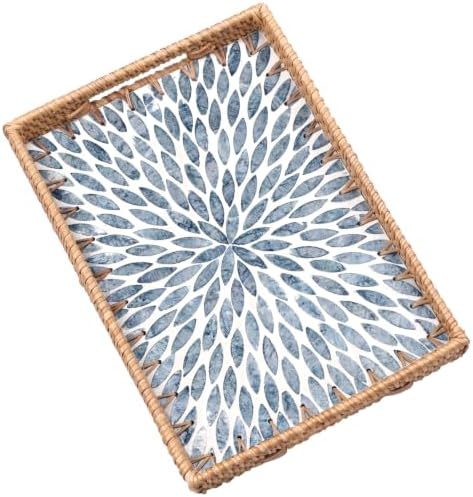 Rectangle Rattan Tray with Mother of Pearl Inlay, Rattan Serving Tray with Handle for Coffee, Bread, Fruits, Snacks, Decorative Wicker Tray for Table Decor (Rectangle Light Blue Leaf, 13"×9") by Tynulox