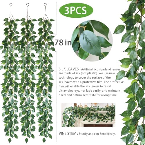 Mizii 3 Packs Artificial Vines Garland 78'' Fake Ficus Vine Greenery Garland Silk Green Leaves Decoration Faux Hanging Plants for Wedding Table Centerpieces Wall Room Decor (78in) - Image 2