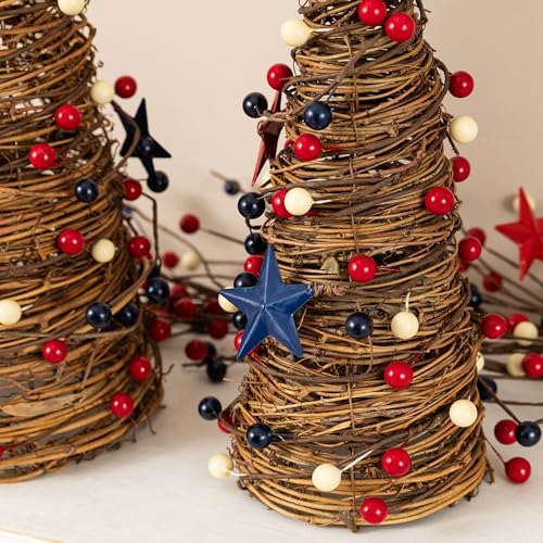 Glitzhome Set of 2 Patriotic Table Tree 4 of July Tabletop Centerpiece Artificial Rattan Stars& Berry Cone Table Tree Decoration for Memorial Day Home Office Table Shelf - Image 5