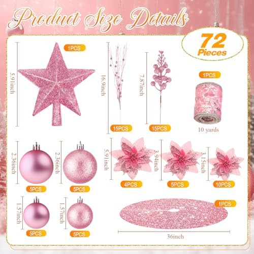 Realspring 72 Pieces Christmas Tree Ornament Set Xmas Assorted Decorations Bulk Glitter Poinsettia Berry Picks Topper Star Sequin Tree Skirts for Home Wreaths Holiday Party Favors (Pink) - Image 2