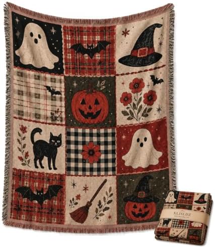 Halloween Tapestry Throw Blanket, Vintage Patchwork Woven Fringe Wall Decor by Unknown