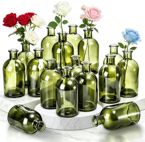 Glass Bud Vases Set of 16, Small Green Flower Vases, Small Bud Vase in Bulk for Centerpiece, Vintage Decorative Bottle Vase for Wedding, Anniversary, Table Decor, Home Decoration by Unknown