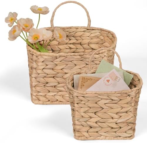 iEGrow Set of 2 Hanging Basket, Wicker Wall Basket Natural Water Hyacinth, Hanging Baskets for Organizing and Decor, Storage Baskets for Door Mounted Entryway Flower Mail Plant Garden by iEGrow