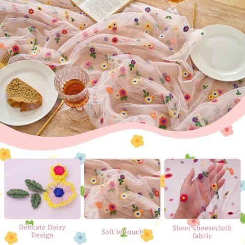 6PCS Pink Floral Table Runner 10 FT, Embroidery Daisy Table Runners Seasonal Spring Summer Sheer Tulle Dining Table Decor for Home Party Birthday Decor 29x120 Inch - Image 3