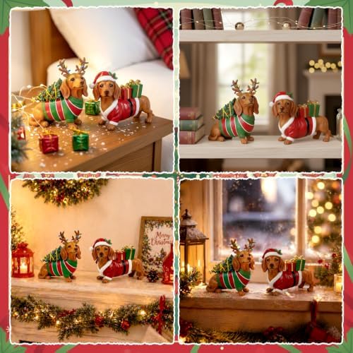 Simgoing 2 Pcs Christmas Figurines Table Decoration Dachshund Resin Statue - Image 6
