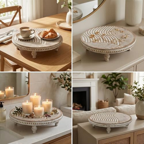 Wood Riser for Kitchen Counter, Round Wooden Trays for Decor, Wavy Lines - Image 7