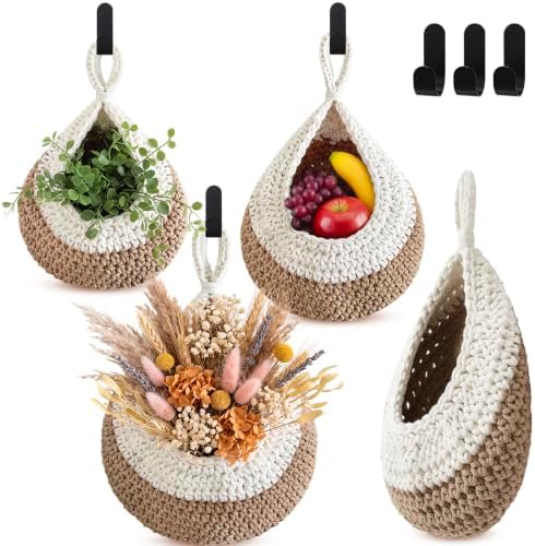 Honeydak 3 Hanging Baskets, White with Light Linen, Teardrop, Cotton Rope by Honeydak